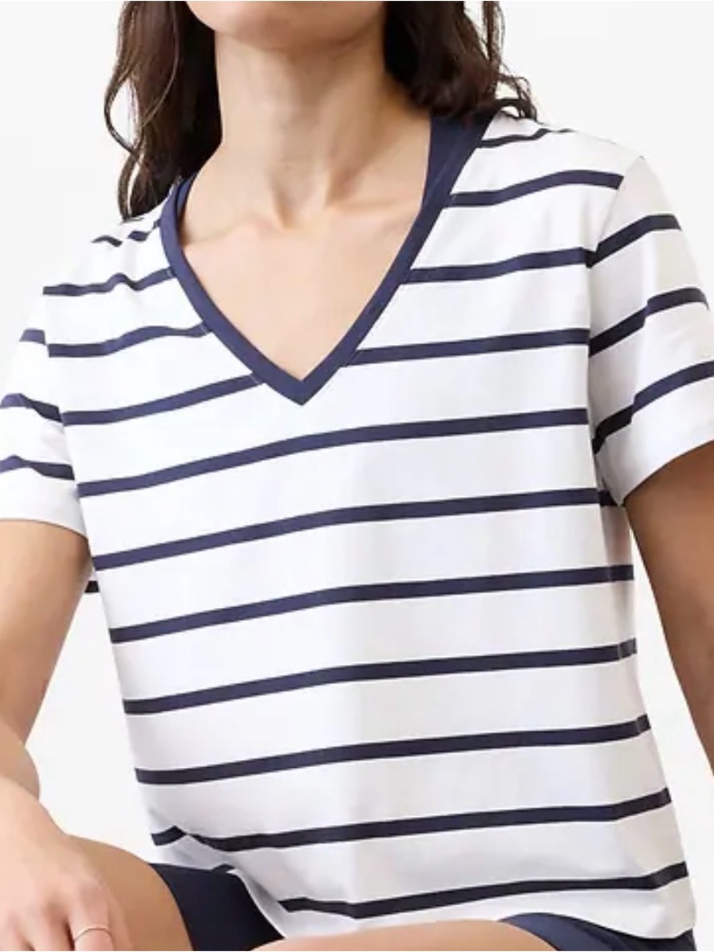 Athleta Navy and White Striped V-Neck Tee